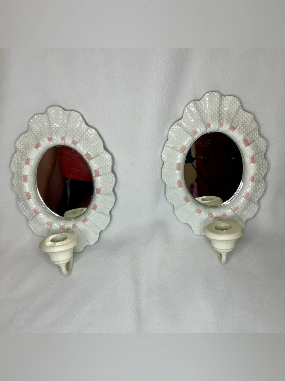 Vintage Homco Burwood Hobnail Wall Candle Sconces Pair White Pink Glass